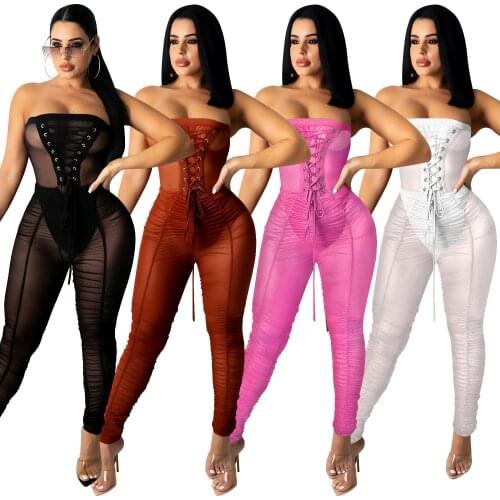 Zoctuo Casual Jumpsuits Wrapped Chest Solid New Romper Off Shoulder Jumpsuit Summer Fashion See Through Mesh Sexy Jumpsuit