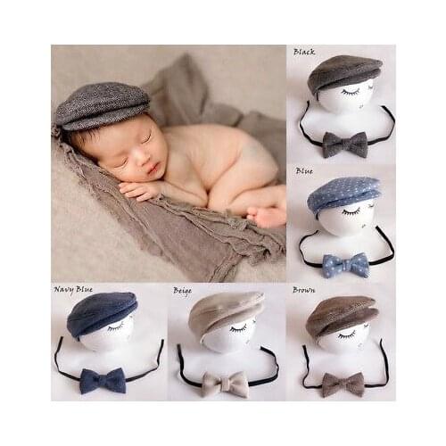 Newborn Baby Peaked Beanie Cap Hat + Bow Tie Photo Photography Prop Outfit Sets