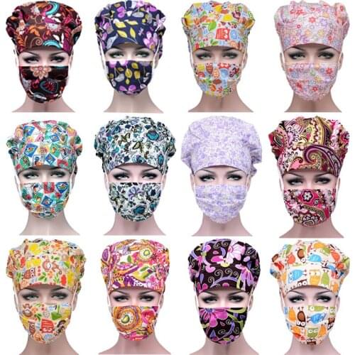 Bouffant Scrub Caps Sets for Women Flower Printed Cotton Sweatband Hat Adjustable Working Cap Beauty Salon Pet Work Nursing Hats