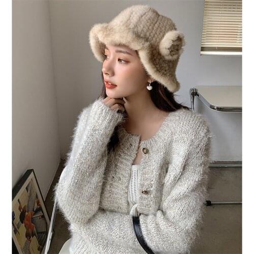 2021 New Fashion Winter Womens Mink Fur Bucket Hat Woven Mink Soft Warm Fishing Hat Outdoor Vacation Girl Hat