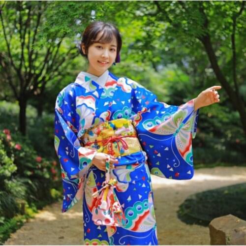 Traditional Japanese Kimono With Obi Womens Cotton Bath Robe Yukata Vintage Cosplay Evening Clothes Geisha Costume Haori W031