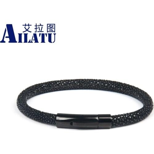 All-match Luxury Stingray Leather Bracelet with Stainless Steel Bangle Jewelry Handmade with Custom Size Free Shipping