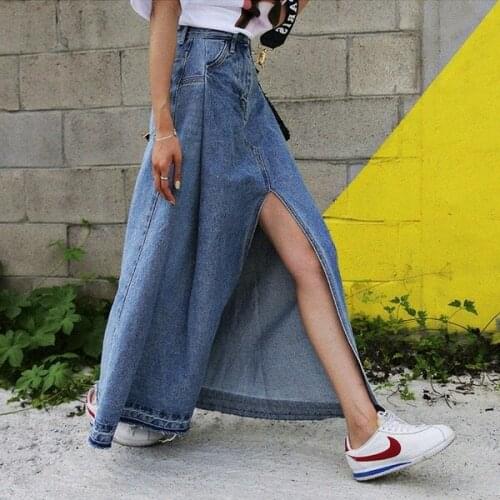 European Summer New High Waist Loose Slimming Retro Sexy Split Denim Long A-line Skirts Women Fashion Streetwear 2021