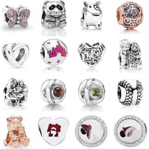 NEW 2021 100% 925 Sterling Silver Pink Butterfly Bear Love Charm Pendant Fit DIY Original Bracelet Fshion Jewelry Gift