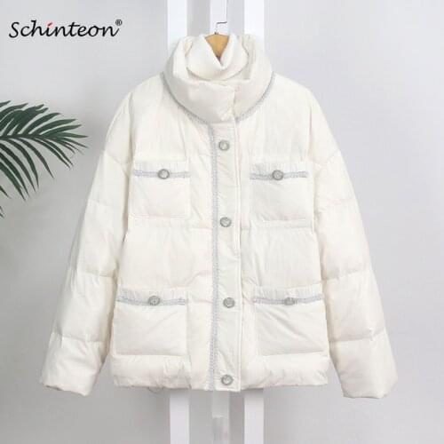 Schinteon Women Down Jacket Stand Collar Simple Loose Over Size Coat Warm Autumn Winter Casual Short Outwear with Drawstring