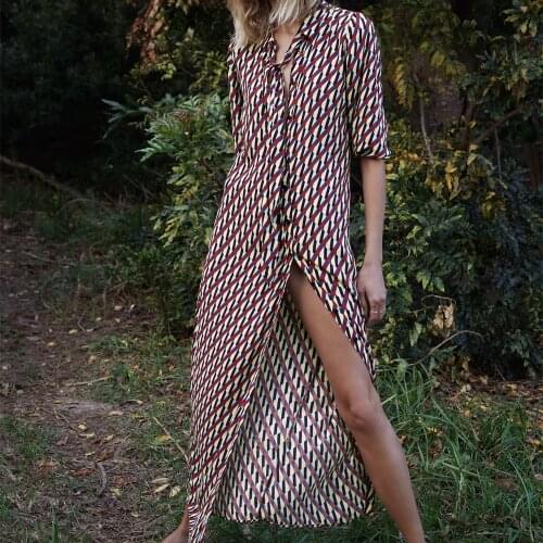 2021 Fall/Winter Women New Lapel Long Sleeve Elastic Cuffs Bowknot Front Buttoned Printed Long Dress