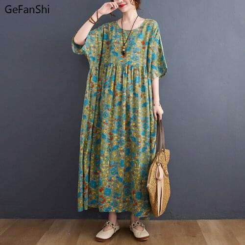 Fashion 2021 New Summer Women Dress Vintage Print Cotton Dress Casual Loose Half Sleeve O-Neck Elegant Office Lady Dresses