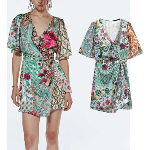 Za 2021 Dress Women Patchwork Print Knot Summer Woman Dresses Short Sleeve Mini Wrap Dress Vintage Casual Dresses