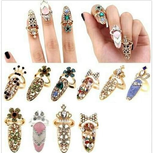 Women Vogue Bowknot Nail Ring Charm Crown Flower Crystal Finger Nail Rings