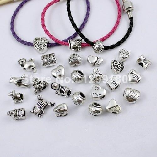 100pcs/lot Mixed Pattern Mixed Size Tibetan Silver Big hole Message Bead Fit For European Bracelets Hole:4.5mm-5mm (K00576)