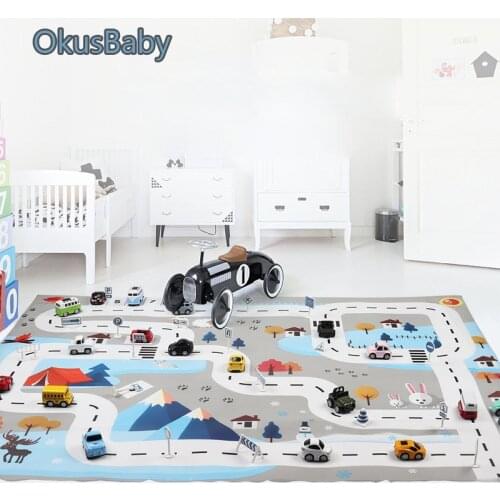 130*100cm Large Size Waterproof Nordic Blue White Children Snow Theme Traffic Play Mat Alloy Toys Car Kit With Road Signs