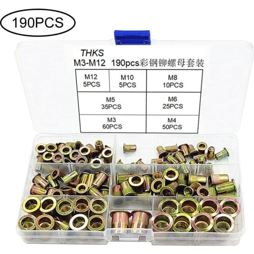 190Pcs Set Carbon Steel Knurled Nuts Plated Zinc Rivet Nut Set Flat Head Rivet Nut M3-M12 Rivnut Threaded Rivet Insert Nutsert