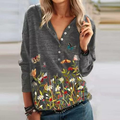 40# Women Vintage Shirt Printing Flowers Leisure Time Long Sleeve V-neck Korean Style Harajuku Shirt Женская Одежда Кофта