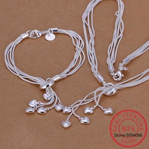 925 Sterling Silver 100% Girl Ladies Heart Necklace Bracelet Popular Fine Jewelry Ladies Gift Set Bride Christmas Gift