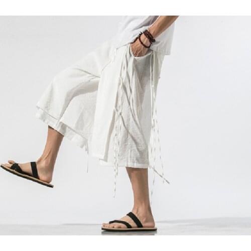 2021 mens summer cotton and linen straight leg 7cm trousers loose casual Chinese wind pants youth personality fake two skirt