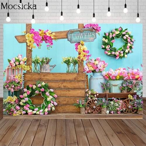 Spring Easter Fresh Flowers Store Photography Background Wreath Blue Wooden Board Backdrop Child Birthday Portrait Photo Studio