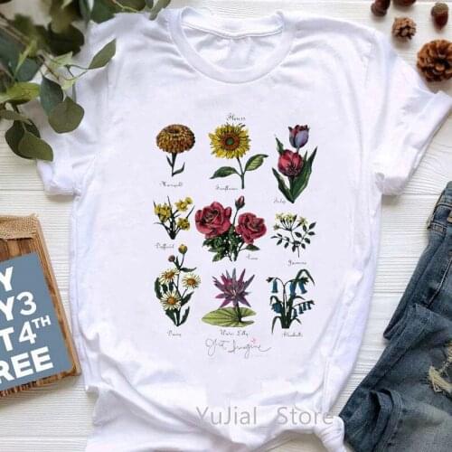 Cactus Flowers Plant Print T-Shirt Women Aesthetic Clothes Harajuku Kawaii White Tshirt Femme Summer Fashion T Shirt Female