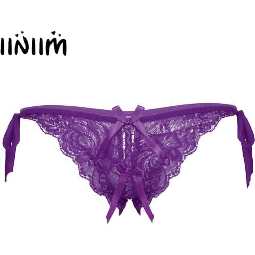 Gay Mens Crotchless G-string Lace-up T-back Sissy Underwear Floral Lace Thong Briefs Open Crotch Sissy Lingerie Night Panties