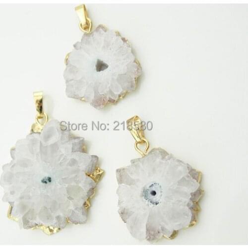 H-SP1658 Crystal Quartz Stalactite Slice Druzy Crystal Pendant with Gold Electroplated Edges