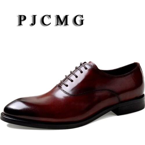 PJCMG Fashion Men Oxford Wedding Male Lace-Up Pointed Toe Solid Carved Office Genuine Leather Formal Mens Dress Shoes