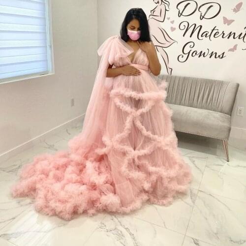 2021 Pink Maternity Gowns for Photography Tulle Tiered Skirts A Line Pregnancy Dress Babyshower Women Clothes Bridal Party Wear