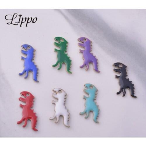 30pcs 6*14mm Both Faced Enamel Dinosaur Charms Copper Enamelled Tyrannosaurus Rex Pendant Diy Jewelry Making