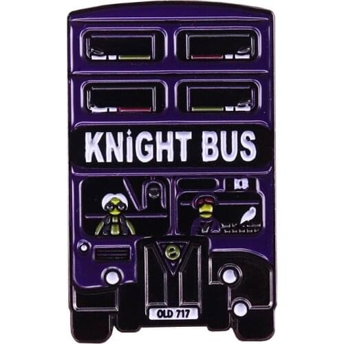 Knight bus badge funny adult pin purple retro double decker car brooch comedy fans gift