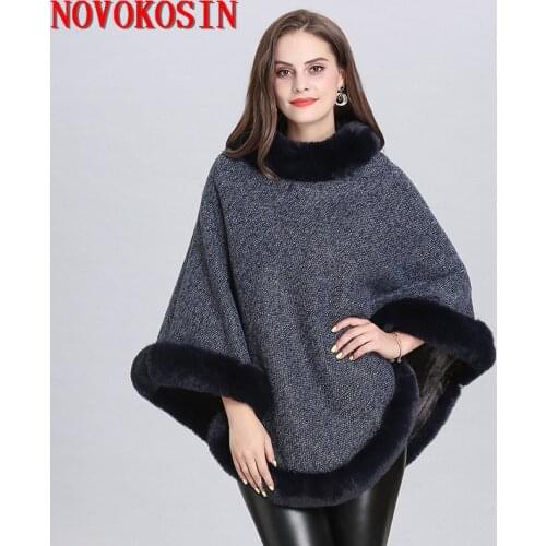 SC316 5 Colors 2019 Winter Plus Velvet Warm Knitted O Neck Faux Fox Fur Sweater Women Capes Solid Poncho Plus Size Pullover Coat