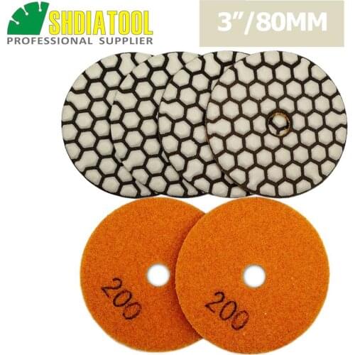 SHDIATOOL 6pcs 80mm G#200 Resin Bond Flexible Diamond Dry Polishing Pads Diameter 3inch Sanding Disks For Granite Marble Ceramic