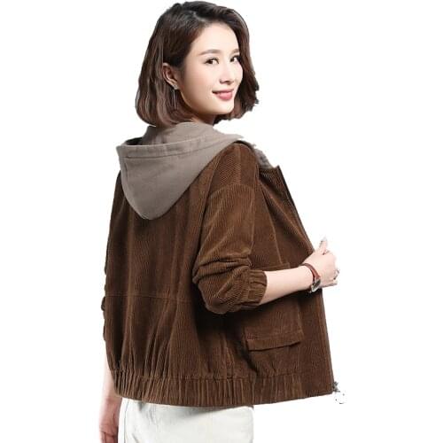 Corduroy short wild hooded loose jacket woman 2020 autumn winter jackets female new Korean casual plus size womens thin tops