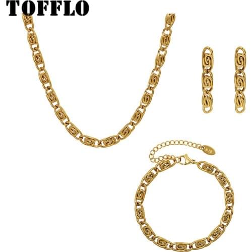 TOFFLO Stainless Steel Jewelry Curly Chain Necklace Women Hip Hop Chain Ear Stud Bracelet Necklace Set BSP1082