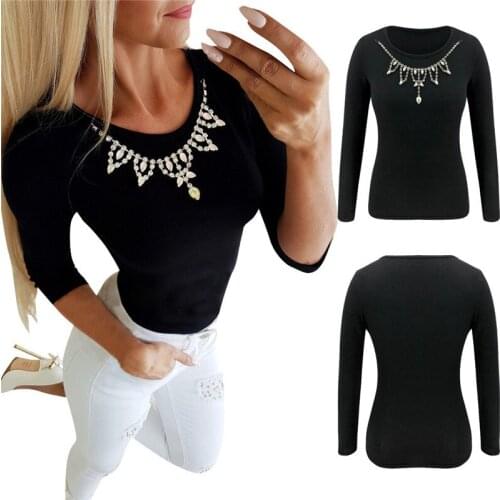 Women Long-Sleeved T-Shirt Round Neck Loose Shirt Solid Color Button Decorative Shirt For Women Necklace Decoration T-Shirt Tops