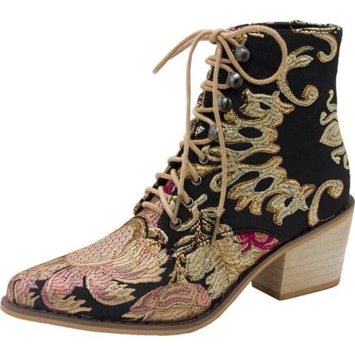 Women Boots Women Chelsea Boots Embroider Ethnic Winter Ankle Boot Lace Up Pointed Toe High Heel Shoes Cowboy Botas Mujer Retro