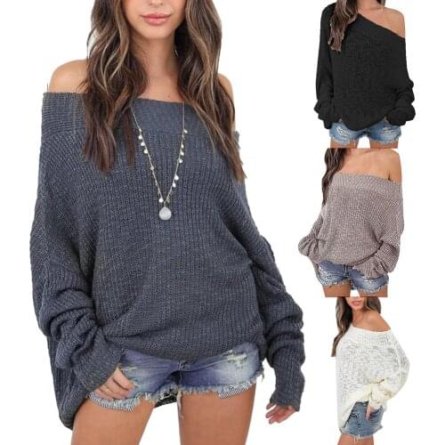 Women Autumn Winter Solid Color Long Sleeve Off Shoulder Knitted Loose Sweater Knitted Sweater Pullover Knitted Streetwear