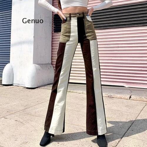 Women Autumn Winter Straight Color Block Pocket High Waist Female Denim Flare Long Pants Fall Clothes Streetwear