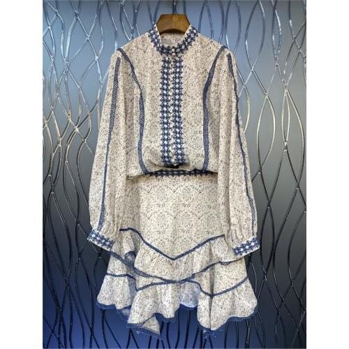 High Quality Womens Set 2021 Autumn Women Vintage Floral Print Long Sleeve Tops Shirts+Cascading Ruffle Sexy Skirt Sets 2 pc