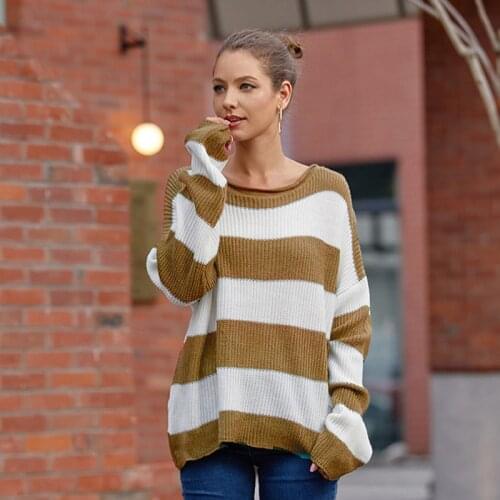 Women Autumn Long Sleeve Sweater O- Neck Stripe Color Patchwork Knitwear Loose Caasual Female Tops