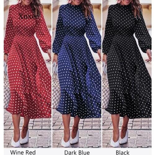 Plus Size Polka Dot Print Women Dress Spring Autumn Lady Puff Sleeve High Waist Big Swing O-Neck Dresses Vestidos Female Clothes