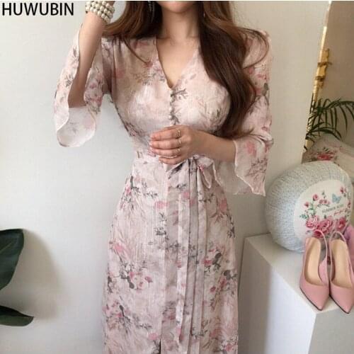 New Korean Version 2021 Summer V-Neck Waist Bow 5-Sleeve Printing High Waist Elegant And Fashionable Close Waist Slim Dress