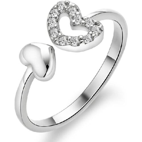 Womens Romantic Heart-To-Heart Simple Finger Rings Shiny Crystal Paved Opening Design Wedding Ring Jewelry Charming Ring Gifts