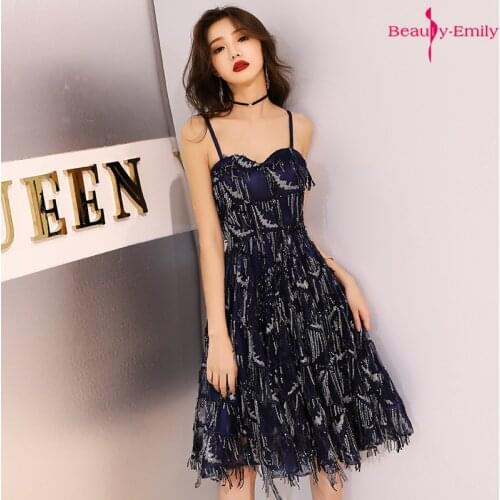 Beauty Emily 2019 Sexy Sling Summer Evening Dresses Tassel Lace Strapless Short Party Dress Sequins Rhinestone Prom Gown Vestido