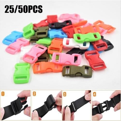 50pcs Pack Colorful 3/8" Plastic Side Release Buckle Parachute 550 Cord Paracord Bracelet Curved Dog Collar Strap Bag Parts