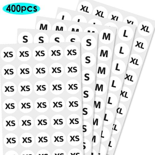 400pcs/pack 2cm Clothing Size Round Sticker white Labels 6 Sizes (XS, S, M, L, XL,XXL)