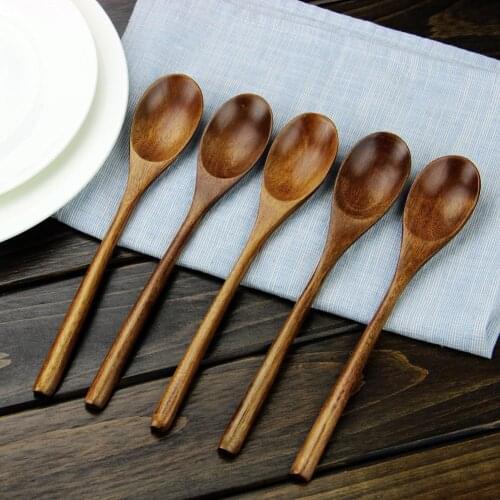 5 Pieces Wooden Soup Spoon and Fork Eco Friendly Tableware Natural Ellipse Wooden Ladle Spoon Set for Eating Mixing Stirring