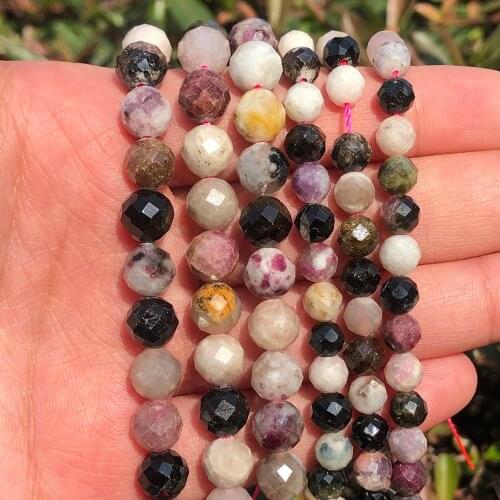 6/8mm Natural Faceted Colorful Tourmaline Stone Beads Round Loose Beads for Diy Bracelet Accessories Jewellery Making 7.5