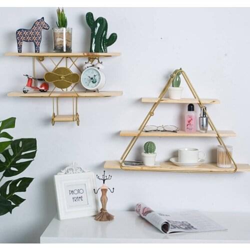 Wooden Metal Wall Mounted Storage Rack Nordic Living Room Decorative Shelves Decor Book Figurines Flower Pot Display Holder