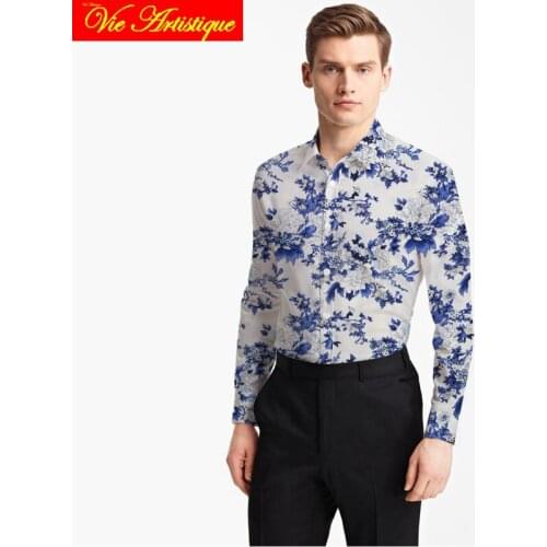 Custom tailor made Mens bespoke cotton floral shirts business formal wedding ware blouse white print blue flower fashiondavid