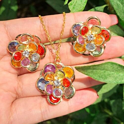 SAY 1Set Crystal Rhinestones Flower Fleur Collar Necklace Pendant Stud Earrings серьги Cuff Ring Jewelry Set For Woman Femme