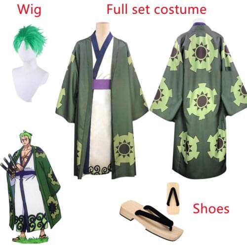 Anime One Piece Cosplay Costume Roronoa Zoro Full Set Kimono Robe Performance Costumes Men Women Role Play Uniform Suits Wig