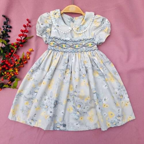 Baby girl summer vintage Spansih handmade smocking dress kids puff sleeve floral embroidered birthday party princess dress
